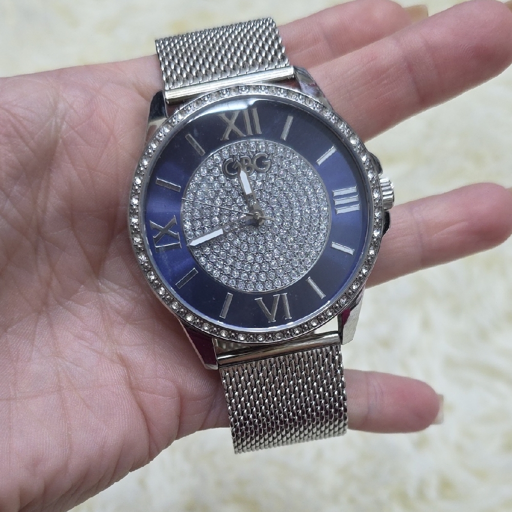 Guess Men's Silver Mesh Bracelet Watch with Blue Dial and Crystal Pavé